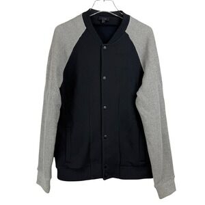 COS Men LARGE VARSITY Jacket Black Grey MELANGE COTTON BOMBER KNIT‎ SNAP